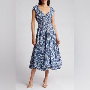 Chelsea & Theodore Blue and White Patterned Midi Dress Size Medium